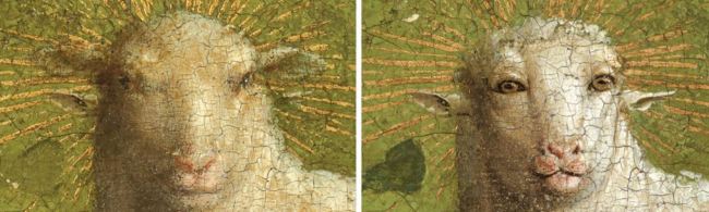 Jan van Eyck 'Ghent Altarpiece' (detail, before and after restoration) 2